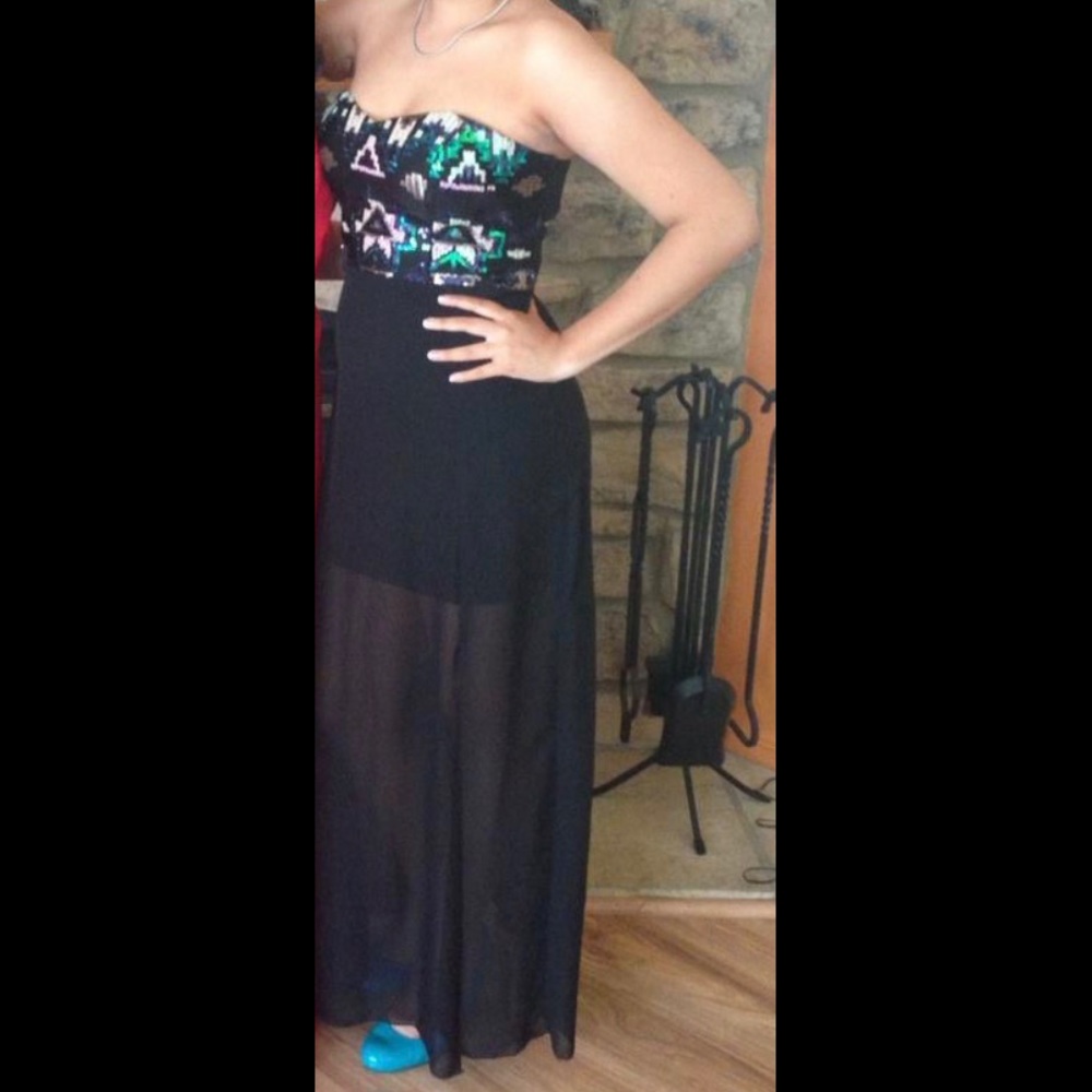 Long Black Prom Dress with a Colorful Sequin Top